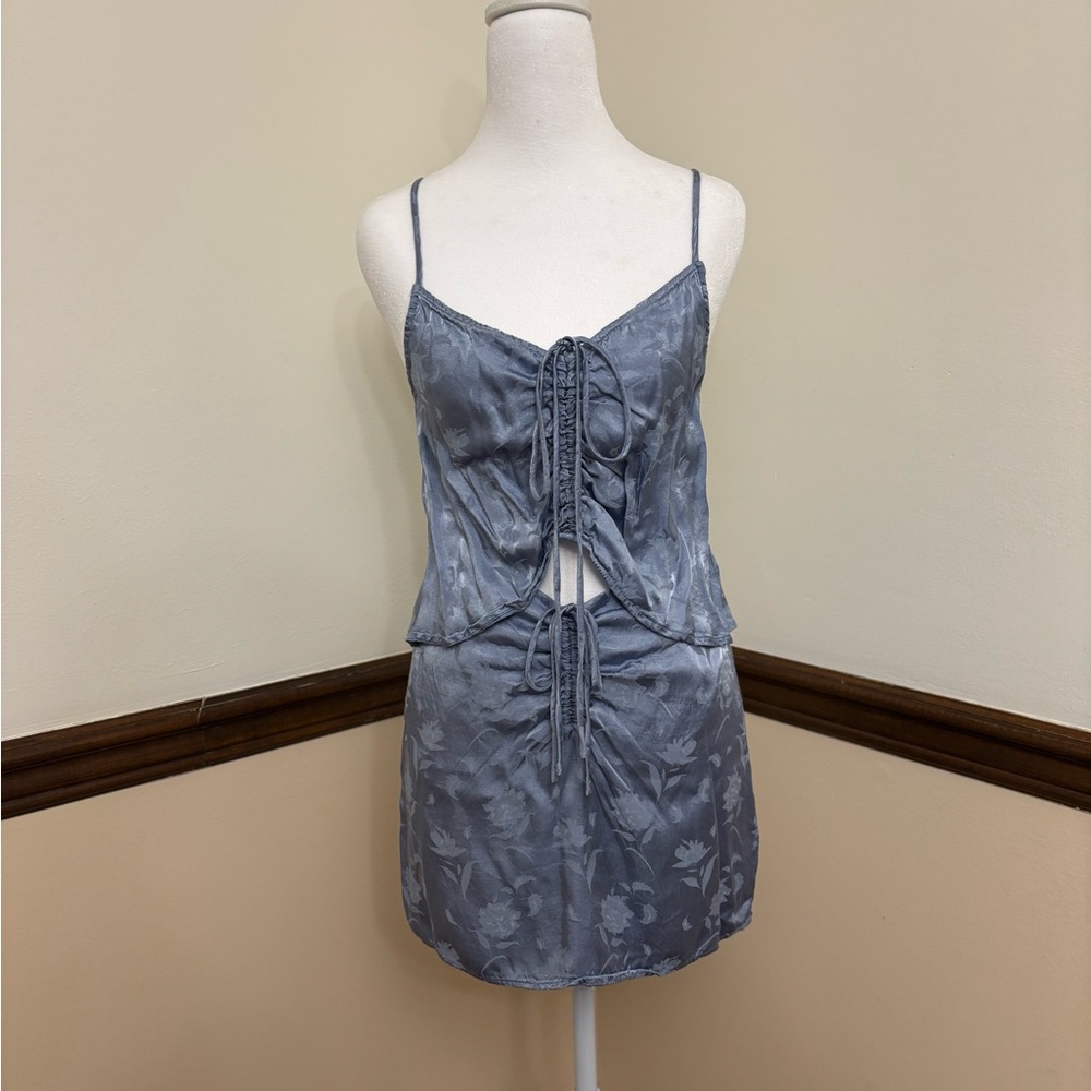 Blue Floral Print Satin Tank and Skirt Set